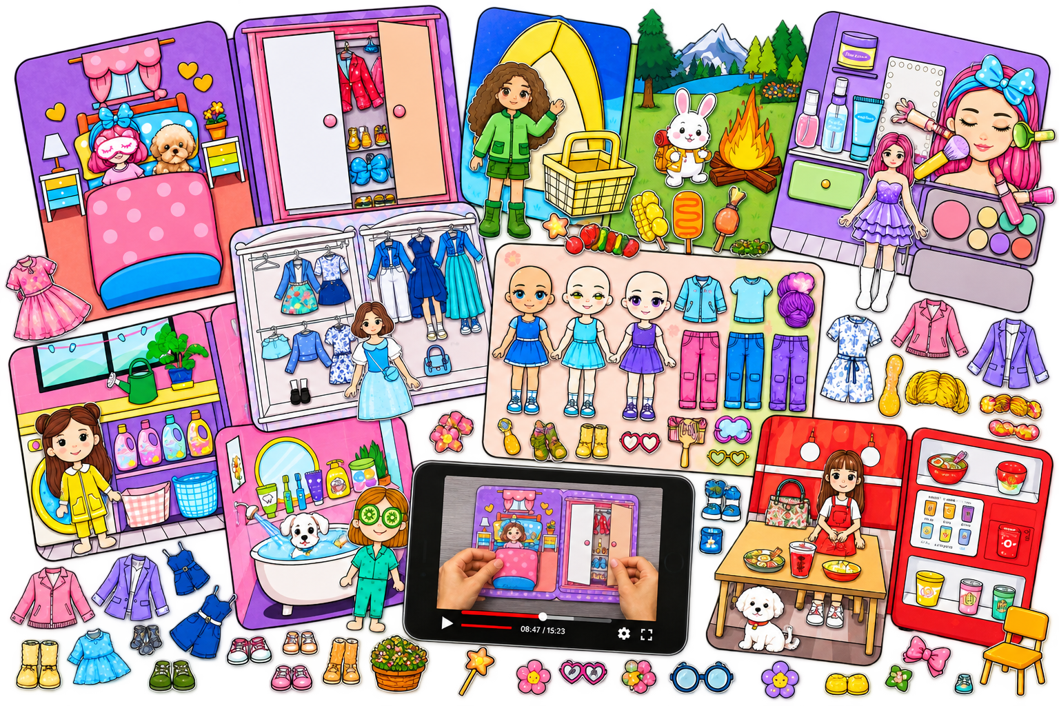 Cenários, personagens, roupas e acessórios dos materiais imprimíveis