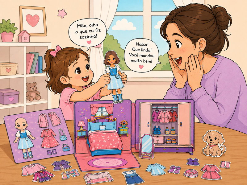 Criança mostrando à mãe um Mini Mundo que montou